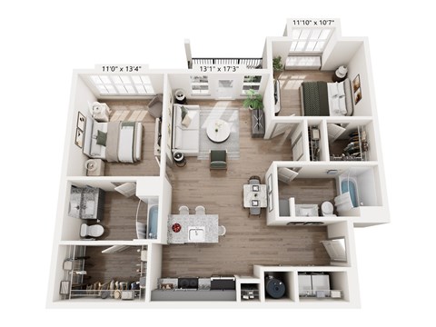 Floor plan for 2 beds, 2 baths, 1073 sqft